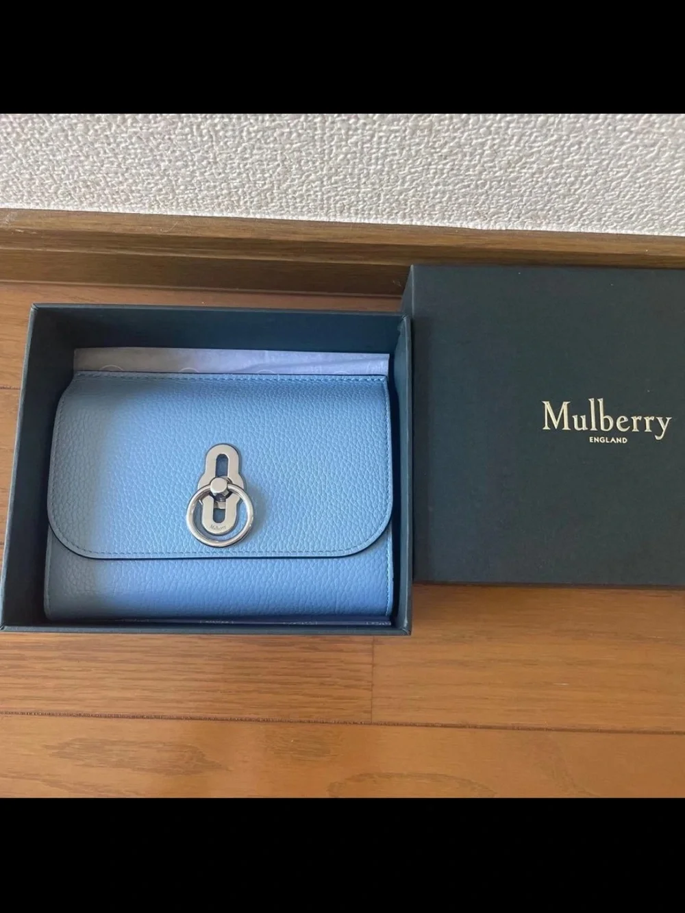 Mulberry Light Blue Pebbled Leather Wallet with Silver Hardware